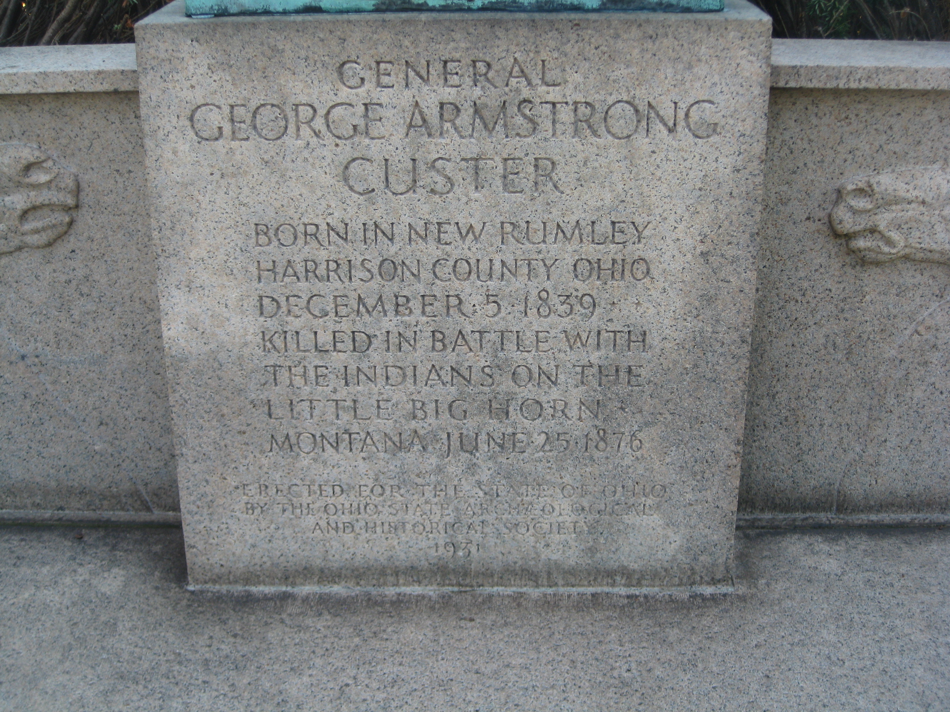 The base of the Custer monument in New Rumley.