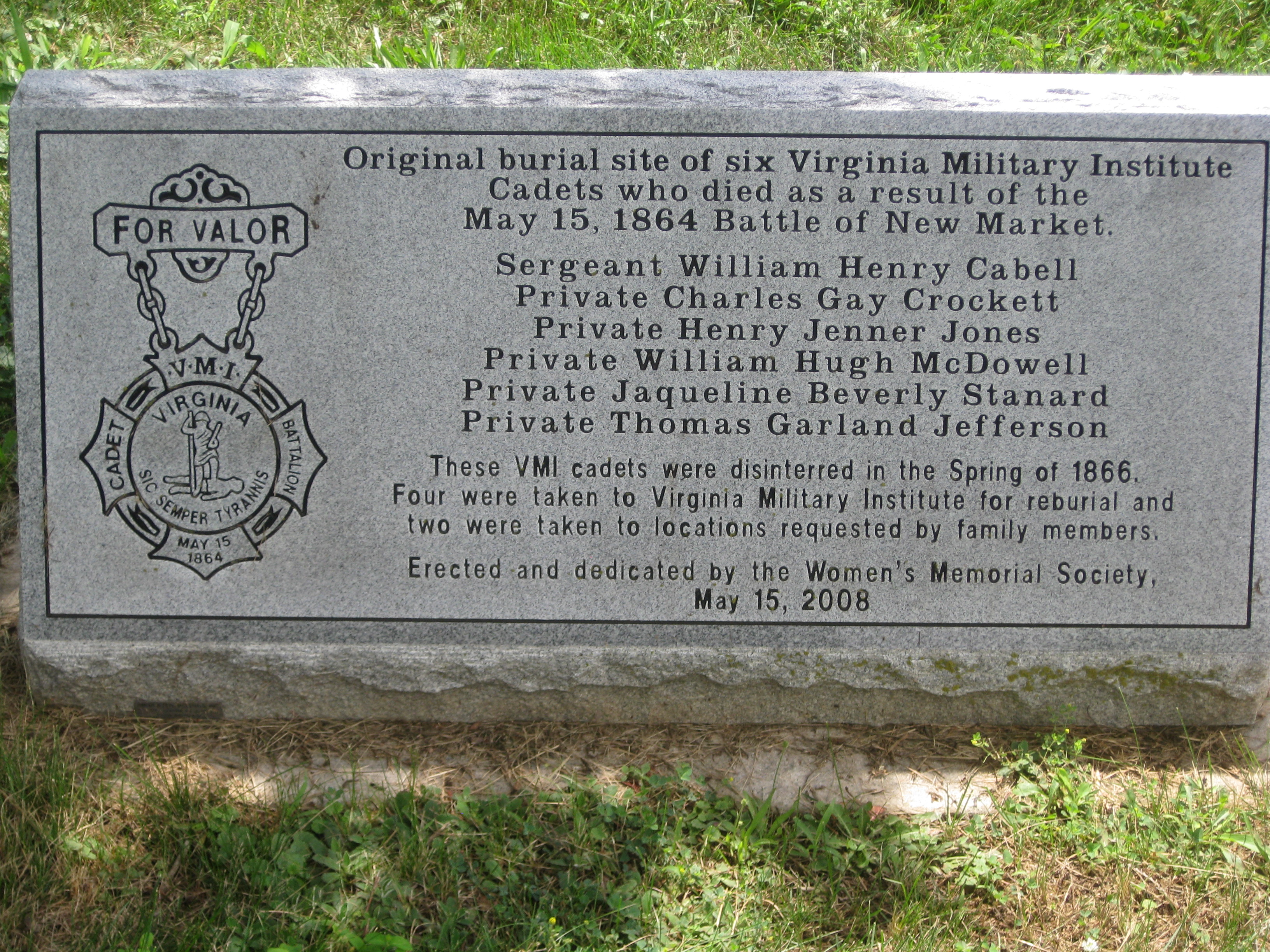 Marker dedicating the spot where the VMI cadets who fell at New Market were first buried. Confederate General Breckenridge hoped he wouldn't need the cadets on May 15th at New Market. (courtesy of Dan Davis)