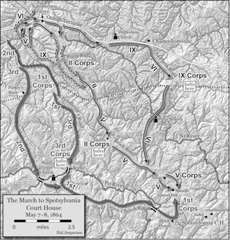 Burnside's march brought him to the Spotsy battlefield on May 9, 1864. (Map by Hal Jespersen)