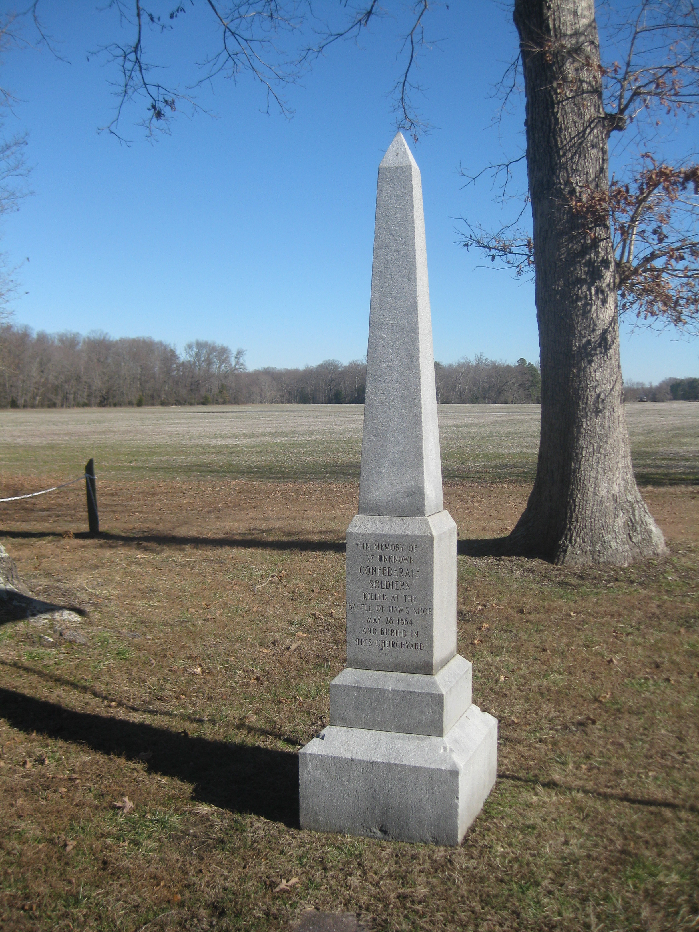 Today, a monument stands on the battlefield near Enon United Methodist Church. Its inscription reads: In memory of 27 unknown Confederate soldiers killed at the Battle of Haw's Shop May 28 1864 and buried in this churchyard.