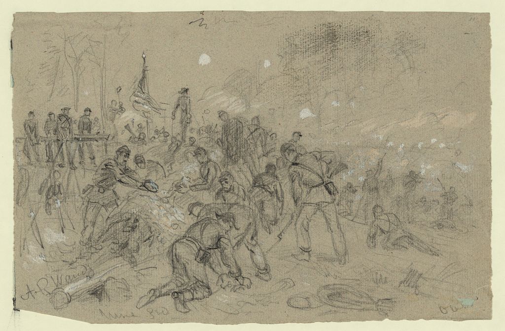 Soldiers from Winfield Scott Hancock's II Corps constructing earthworks. Courtesy of the Library of Congress.