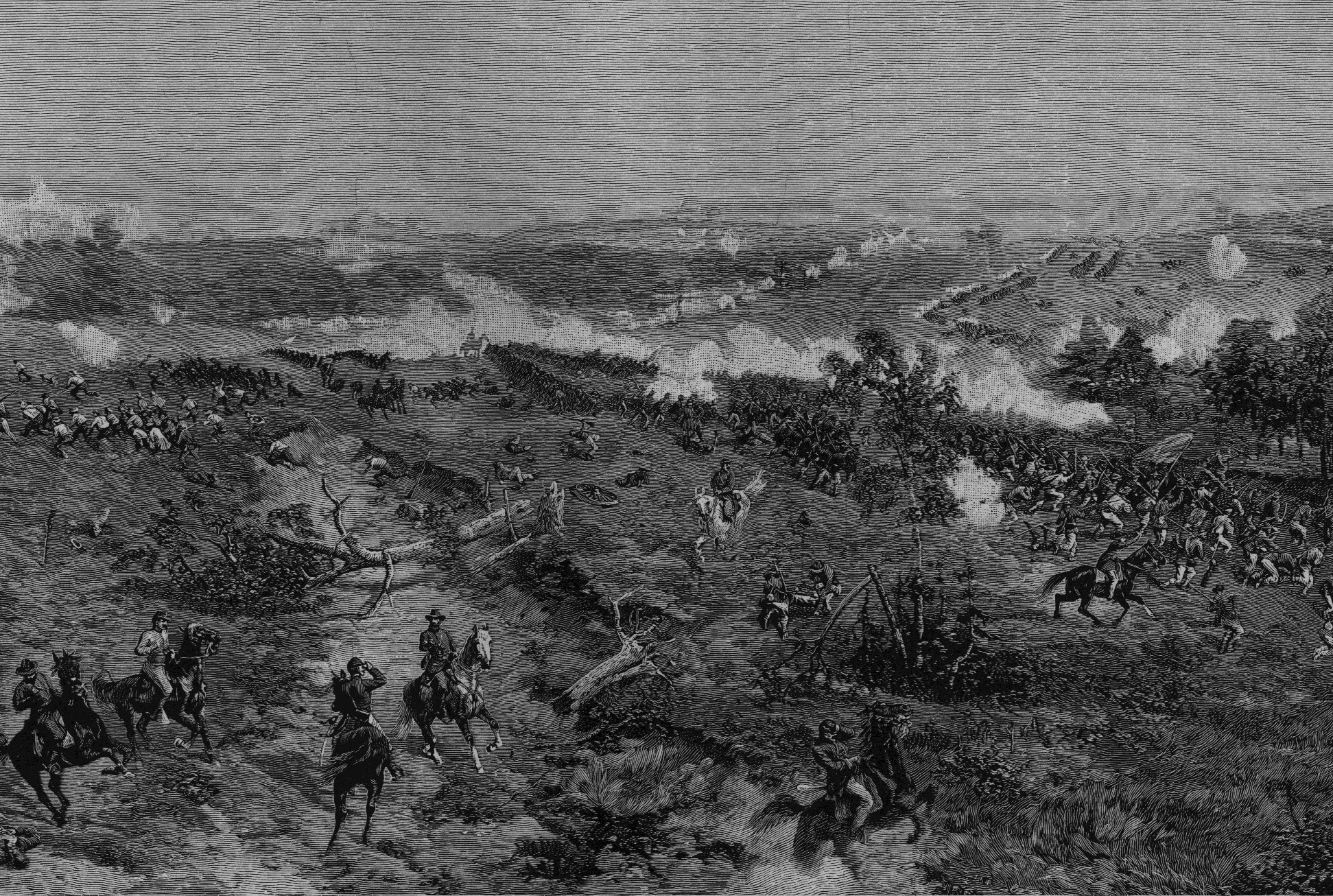 The fighting atop Bald Hill, July 22, 1864, as depicted in Volume 4 of the popular "Battles and Leaders of the Civil War"