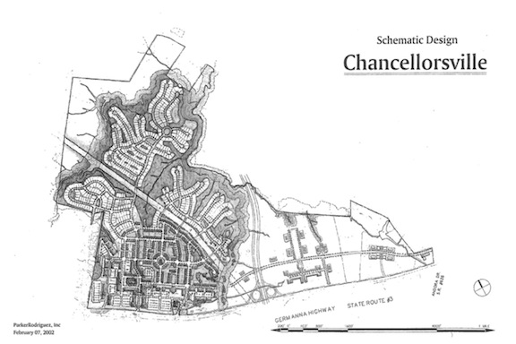 Dogwood Development’s planned “Town of Chancellorsville” on the Mullins Farm. The Outer Connector, proposed by the state, cuts down from the north and terminates with two circular off-ramps along Route 3.