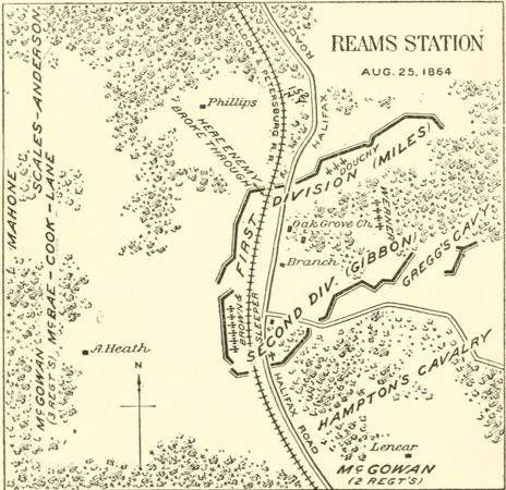 An image from Francis Walker's "History of the Second Corps" which shows the positions of the Second Corps at Ream's Station. Note how the works jut out beyond the railroad.