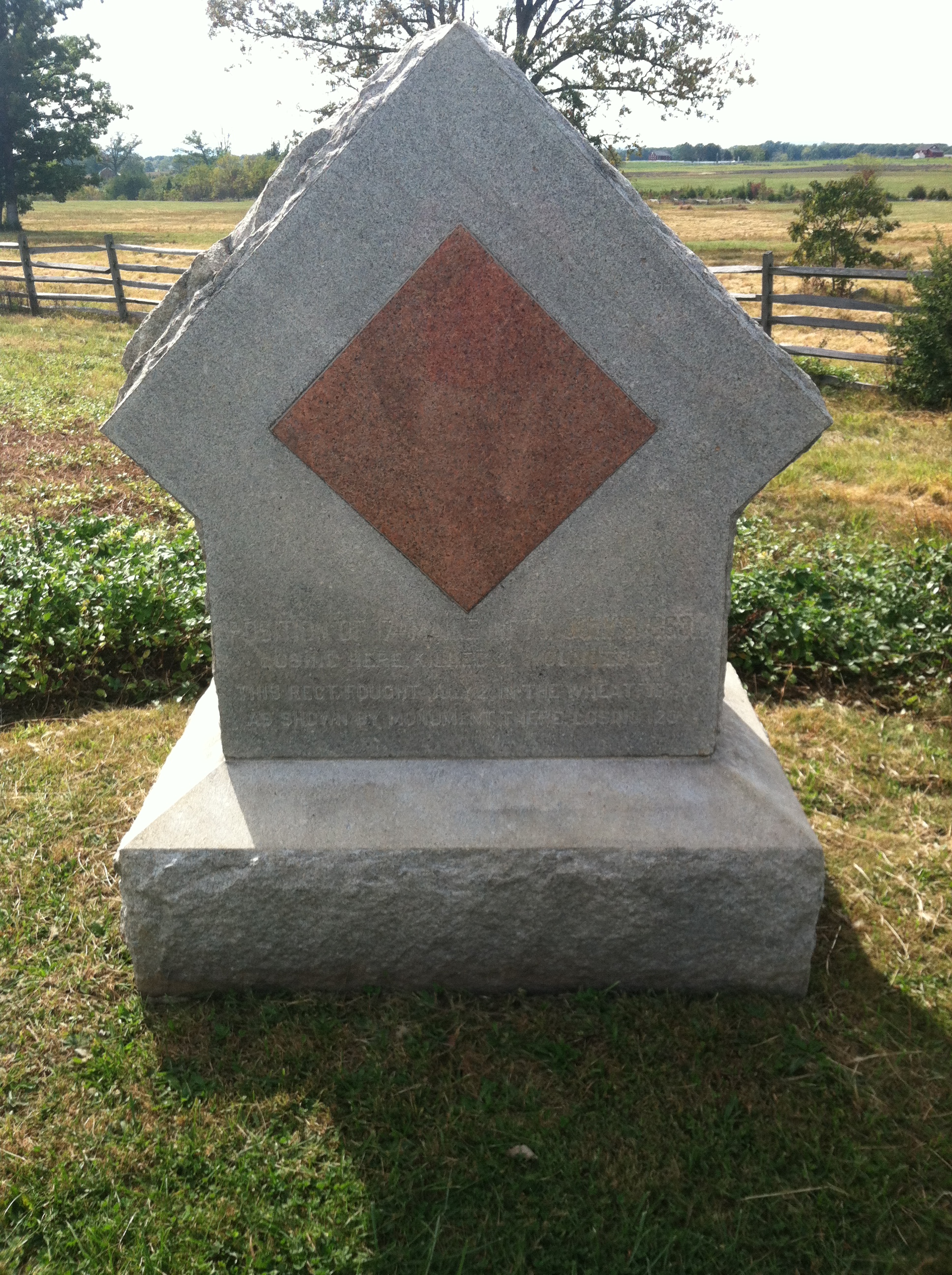 The second monument to the 17th Maine at Gettysburg, marking where they posted on July 3. In this area, Monroe Quint and Cyrus Hall were killed.  (Photo by Ryan Quint)
