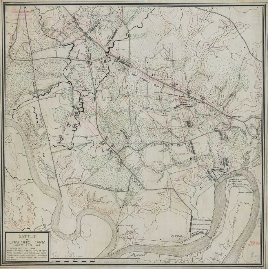 Showing the larger actions of the Battle of Chaffin's Bluff, the Battle of New Market Heights is included on the right side, near Deep Bottom. (Courtesy of the Civil War Trust)