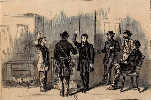 Raiders force bankers to pledge loyalty to the Confederacy, as depicted in the Nov. 12, 1864 edition of 'Frank Leslie's Illustrated Newspaper.'