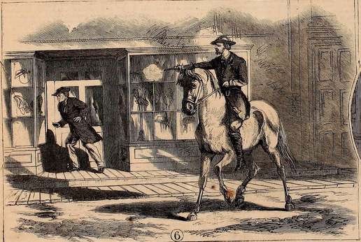 A drawing of the shooting of Elinus J. Morrison, as depicted in the Nov. 12, 1864 edition of 'Frank Leslie's Illustrated Newspaper.' Morrison was in actuality standing up in some scaffolding on the side of a building.