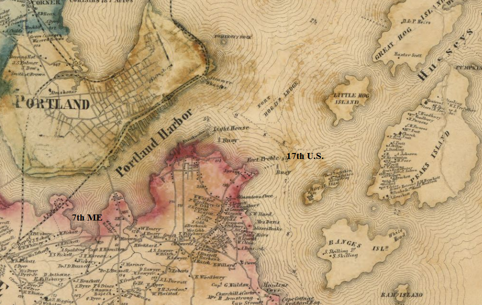 Portland Harbor. The map has been labeled to identify the approximate location of the 7th Maine as well as the location of Fort Preble.
