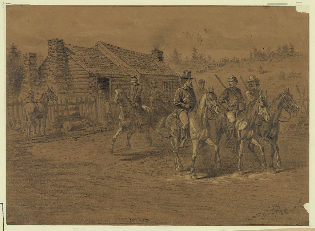 Some of Sherman's bummers riding off with confiscated chickens and horses.