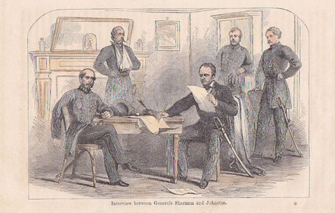 Johnston and Sherman meet to discuss the terms of Johnston's surrender.