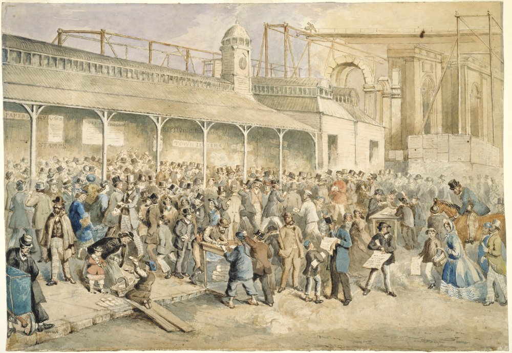 Mail Day. Arrival of the monthly mail steamer from London, c.a. 1865. Courtesy of the State Library of Melbourne.
