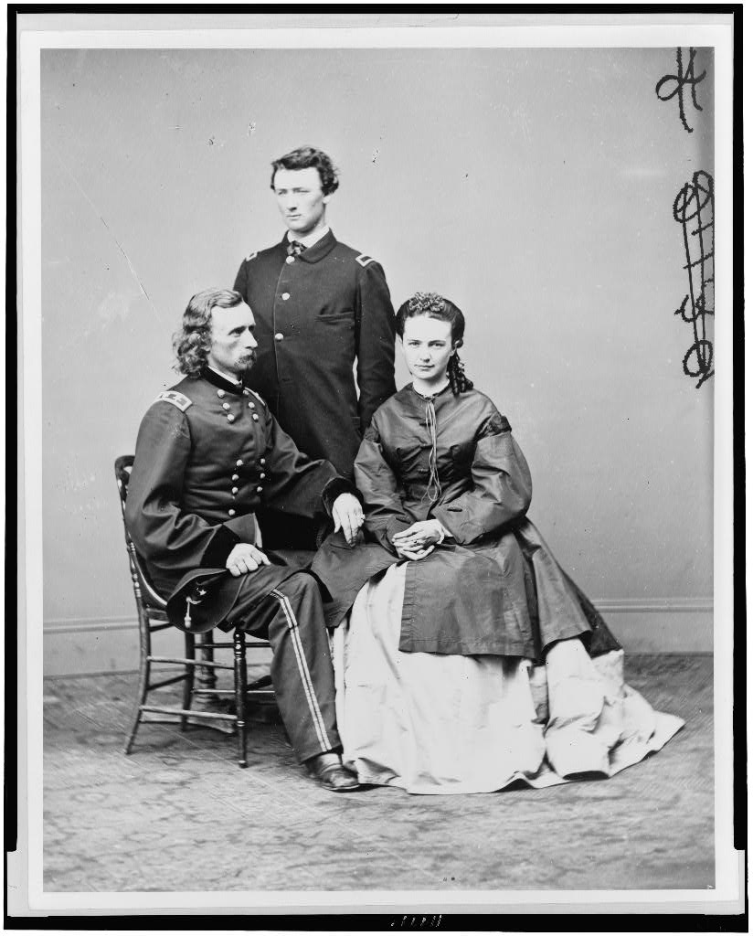 George Armstrong Custer (left), his brother, Thomas W. Custer and wife, Libbie. Courtesy of the Library of Congress.