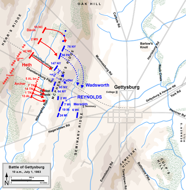 Gettysburg, July 1st-Near 10 AM. Map by Hal Jespersen, www.posix.com/CW
