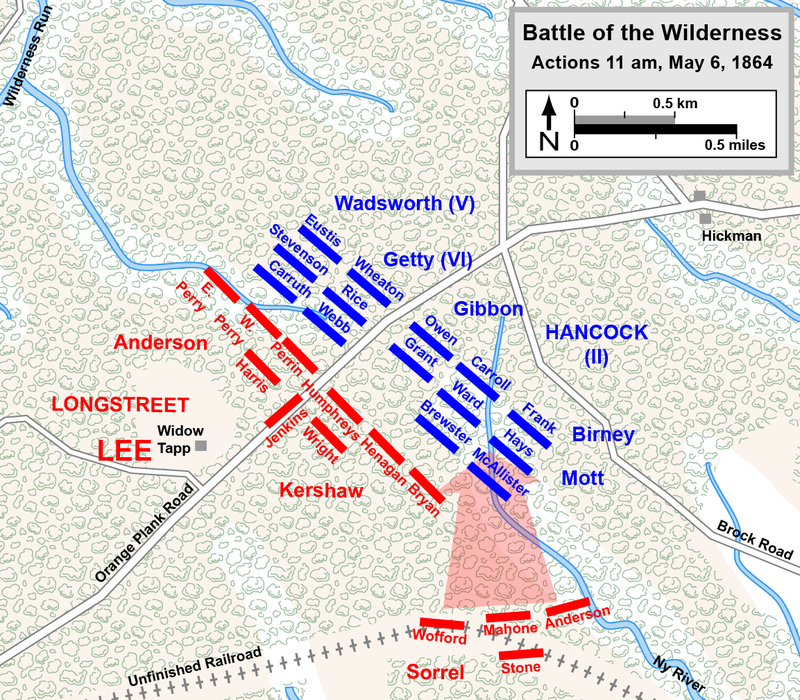 Longstreet's Flank Attack in the Wilderness. Near 11 AM, May 6, 1864. Map by Hal Jespersen, www.posix.com/CW