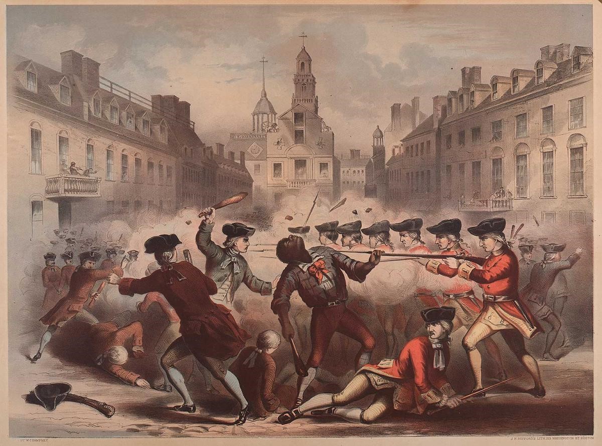 In this lithograph published in 1855, Crispus Attucks is portrayed front and center.  Crispus Attucks was lauded as the first martyr in the War for Independence much from the insistence of abolitionists like William C. Nell.  A Crispus Attucks Day was created in Boston in 1858 and a memorial placed for him and the other victims on Boston Common after the Civil War.  Despite all this, according to John Adams (who defended the British soldiers in court), Attucks was a rabble-rouser who actually helped precipitate the massacre.