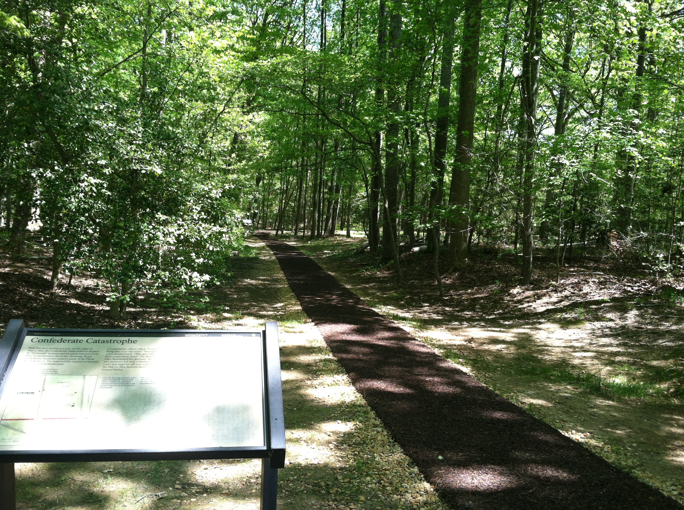 A modern view of the Mountain Road. Jackson's party rode along this pathway on the evening of May 2, 1863. In recent years, the National Park Service has worked diligently to rehabilitate what remains of the road.