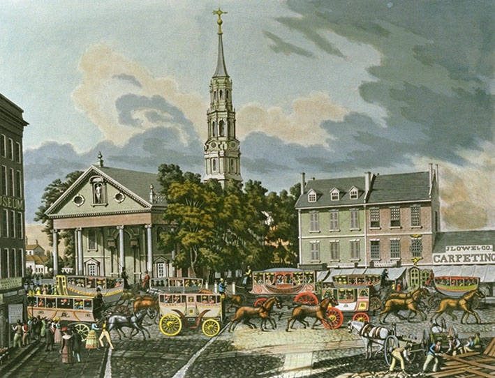 St. Paul's Chapel, New York, as it appeared in 1831 (This image was published in the US before 1923 and is public domain in the US)