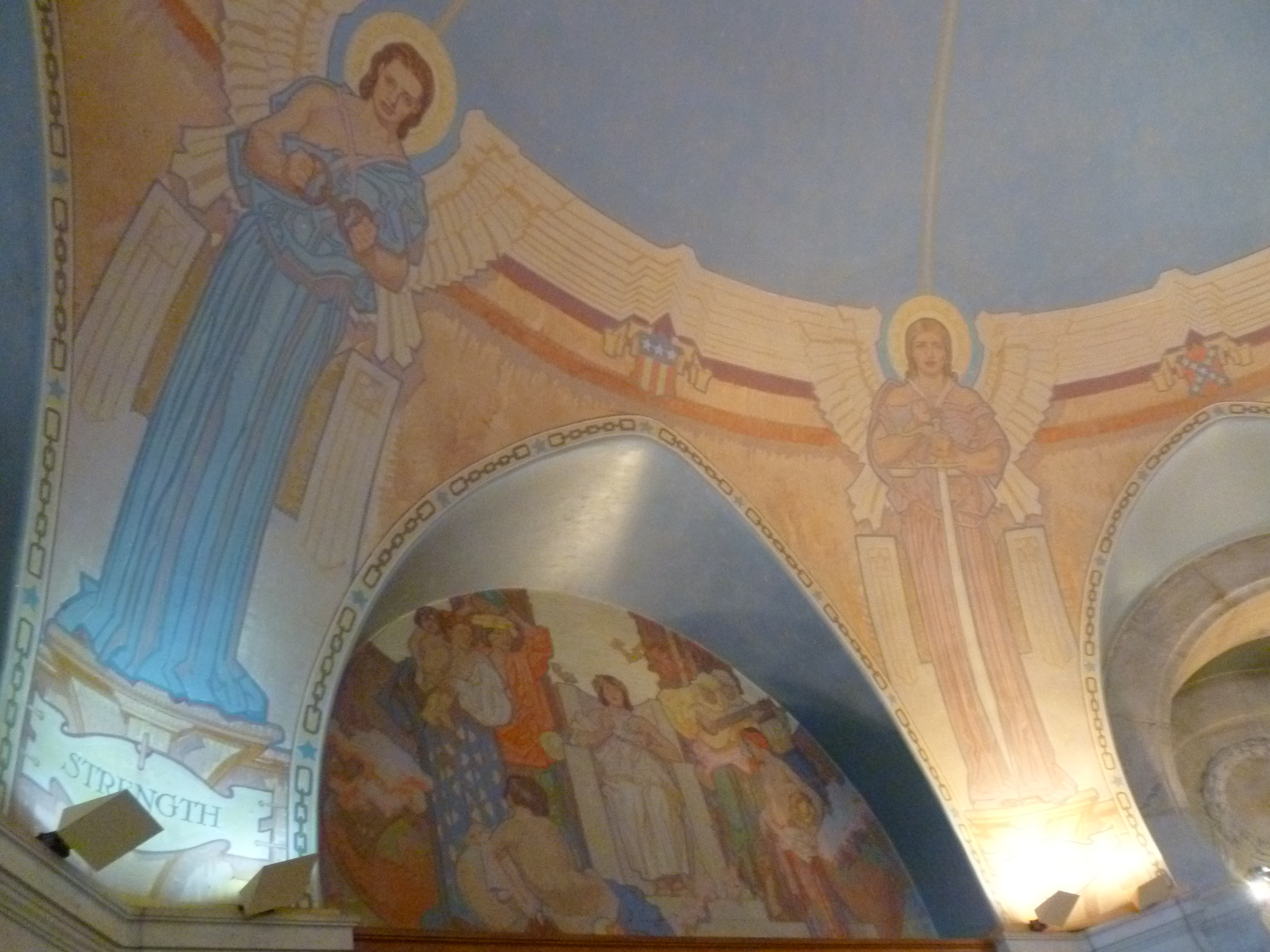 Some of the artwork inside the Lincoln Memorial Shrine; these "patriotic muses" represent positive character attributes from Lincoln's life.