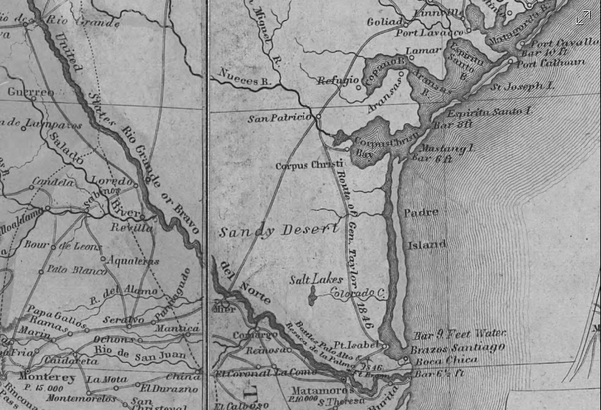 An inset of a map showing the Nueces Strip, about 150 miles of contested land between the Nueces and Rio Grande Rivers. (LOC, full map here: https://www.loc.gov/resource/g4410.ct000127/)
