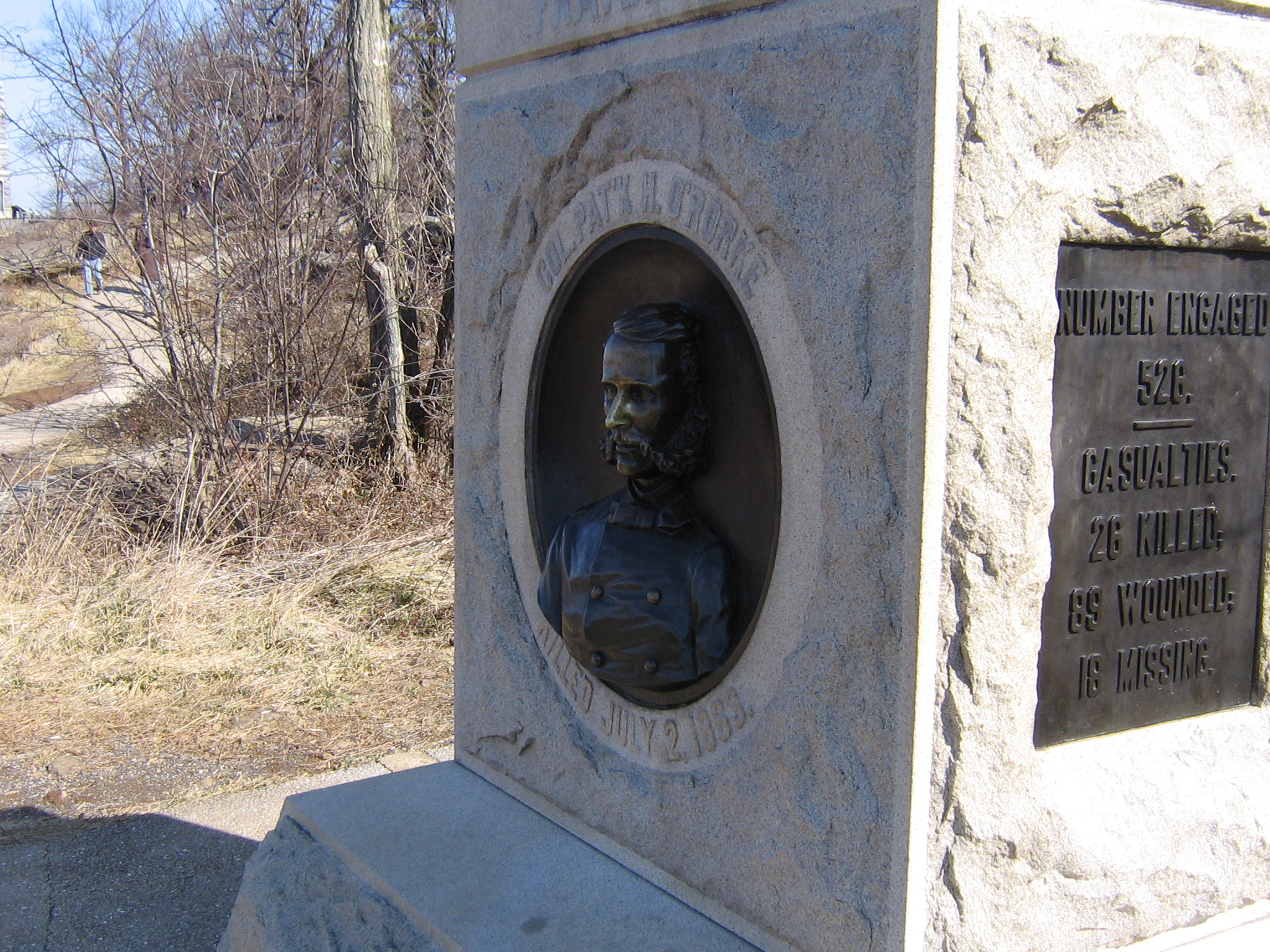 Monument to the 140th New York. Patrick O'Rorke led his nearly 500 men in a counter attack down Little Round Top. He was shot through the neck and mortally wounded. It is his face on the front of his regiments monument.