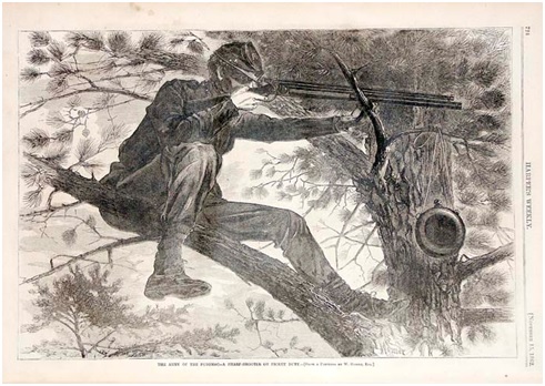 November 15, 1862 Harper's Weekly leaf entitled, "The Army of the Potomac – A Sharp-Shooter on Picket Duty [from a painting by Winslow.] 