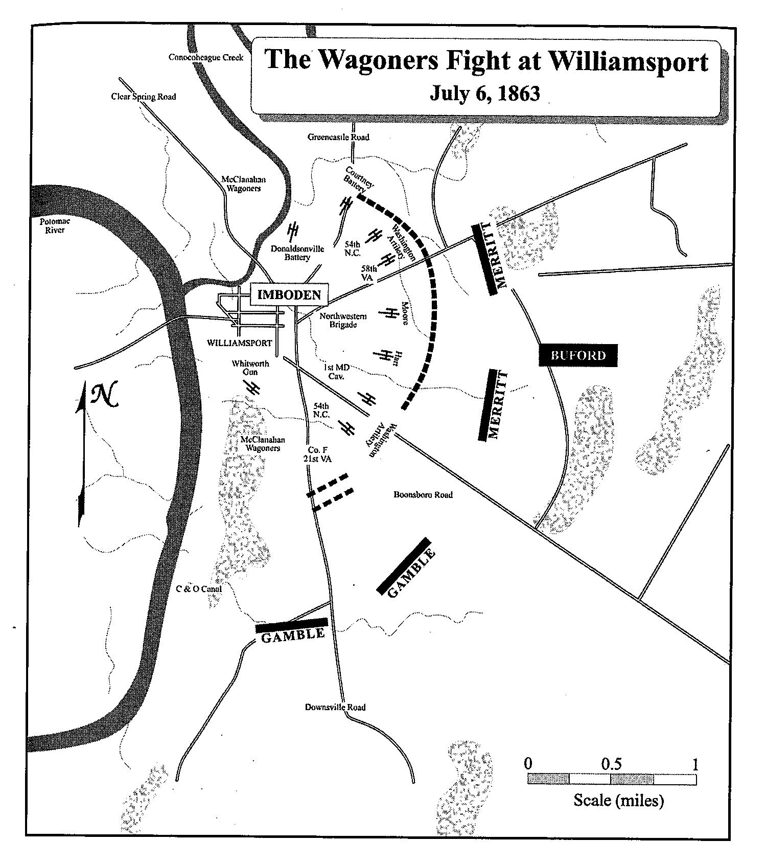 Blue and Gray positions during the successful Confederate defense of Williamsport. (Courtesy of Eric Wittenberg, J. David Pertruzzi and Michael Nugent, authors of One Continuous Fight: The Retreat From Gettysburg and the Pursuit of Lee’s Army of Northern Virginia, July 4-14, 1863, Savas Beatie Publishing 2013)