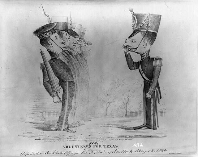 An 1846 poking fun at the volunteer forces who mobilized after the outbreak of war between the United States and Mexico. Note the man carrying an umbrella instead of a sword. (LOC)