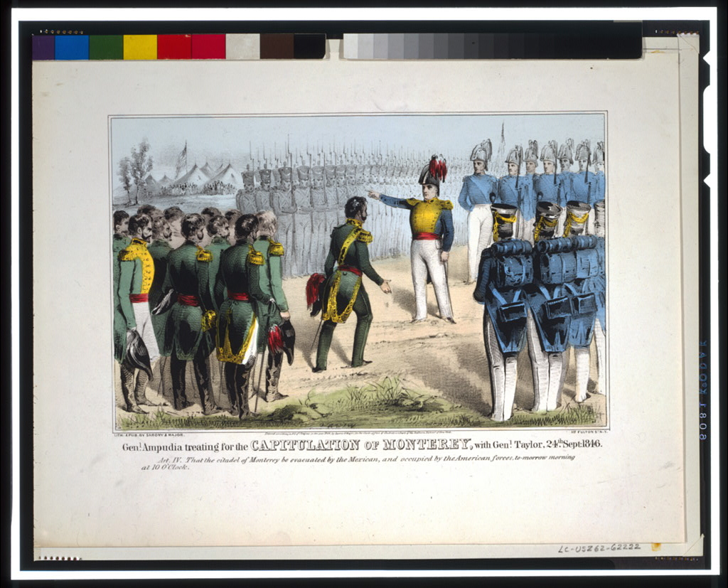 Gen. Ampudia meets with Zachary Taylor to surrender the city of Monterrey in this Currier & Ives print (LOC)
