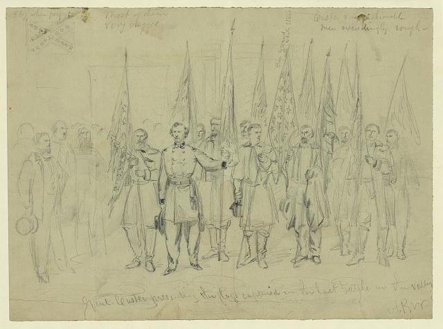 Custer presenting captured enemy battle flags to Secretary of War Edwin Stanton.