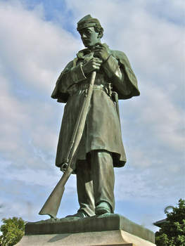 The first Civil War figure to be erected in New Hampshire on the monuments envisioned in George Marden’s letter of March 2, 1862. Of the 4882 New Hampshire soldiers who died in the Civil War, 1903 died in battle or from wounds battle, while 2427 were taken by disease. The above bronze statue, created by Martin Milmore, was unveiled in 1869 at a ceremony in Claremont.