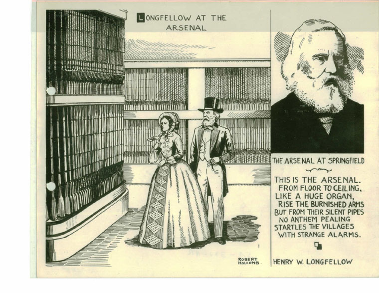 The Longfellows at the Armory, surrounded by rifle-musket stands. Robert Holcomb artist. Springfield Armory NHS (The artist likely was working from a later image of the poet. While he appears as an older man in the above depiction of the muskets, Longfellow was 36 years of age at the time of the Armory visit.)