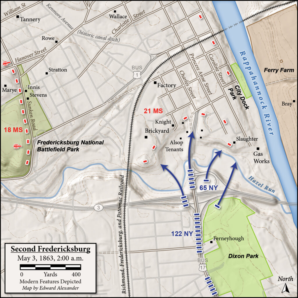 Tactical map of the 2 a.m. attack by Hamblin's brigade on May 3, 1863 during the Second Battle of Fredericksburg