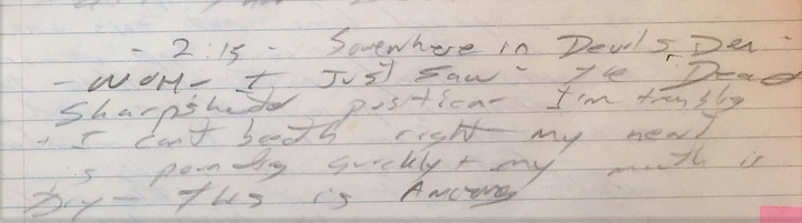 Section of Garry's July 1988 journal where he wrote his impression upon seeing the Dead Sharpshooter position