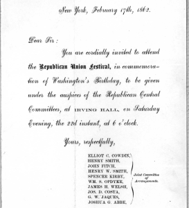 Invitation to an 1862 dinner in honor of Washington's Birthday