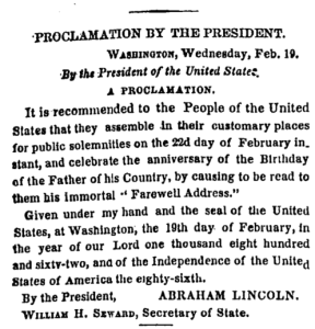 Newspapers around the country, including the New York Times, printed copies of Lincoln's 1862 proclamation for Washington's Birthday.