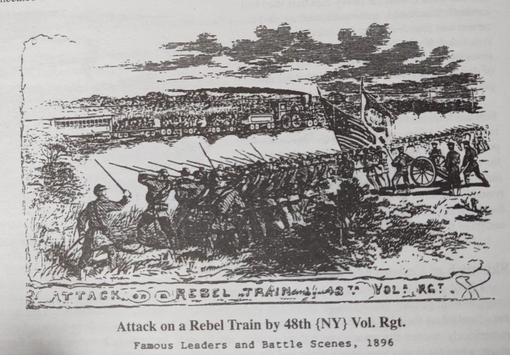 Union soldiers firing at a train